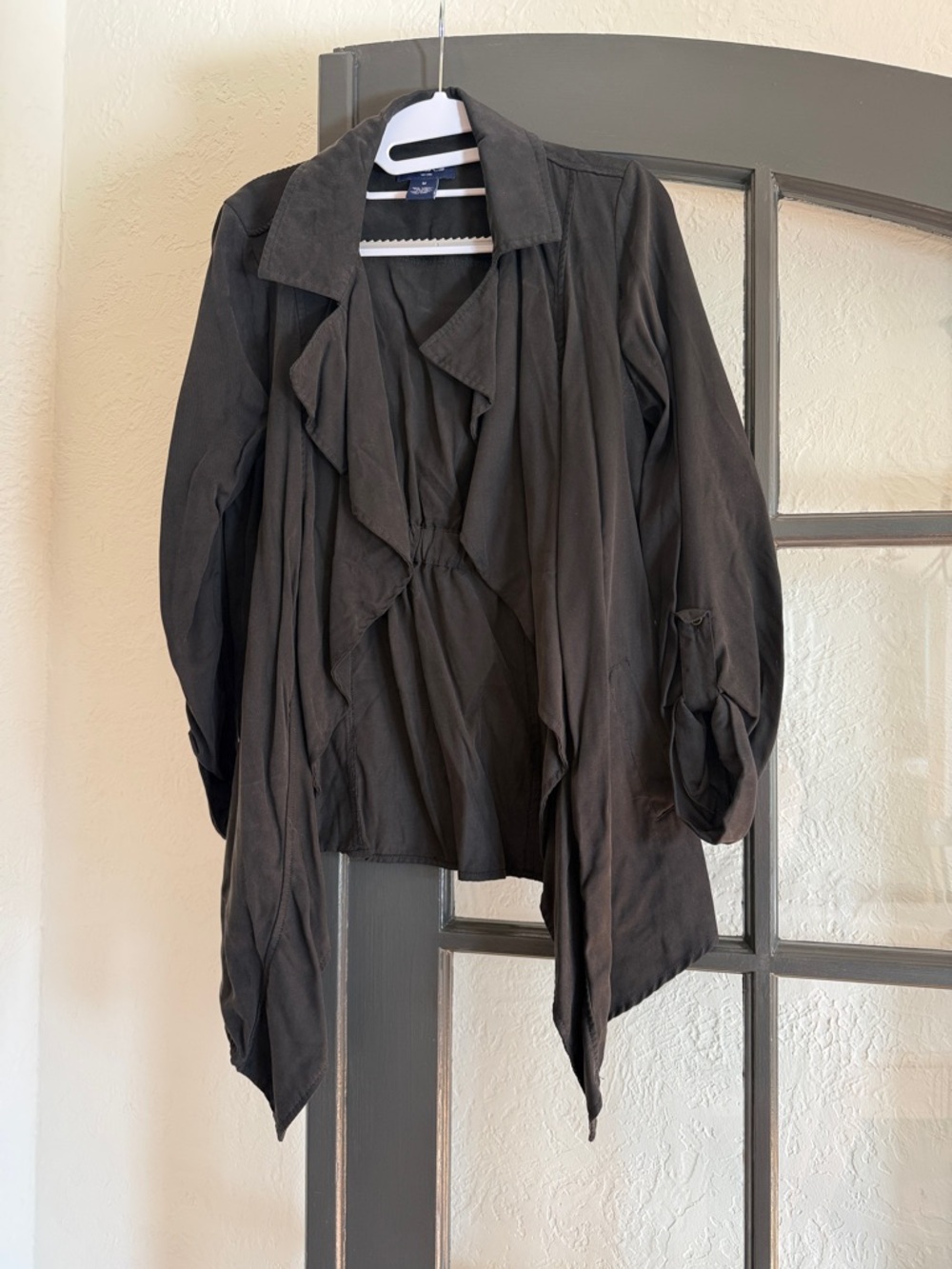 Women's Black Draped Open-Front Trench Coat